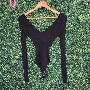 NWOT HMS Hera Collection Black Ribbed V Neck Bodysuit S